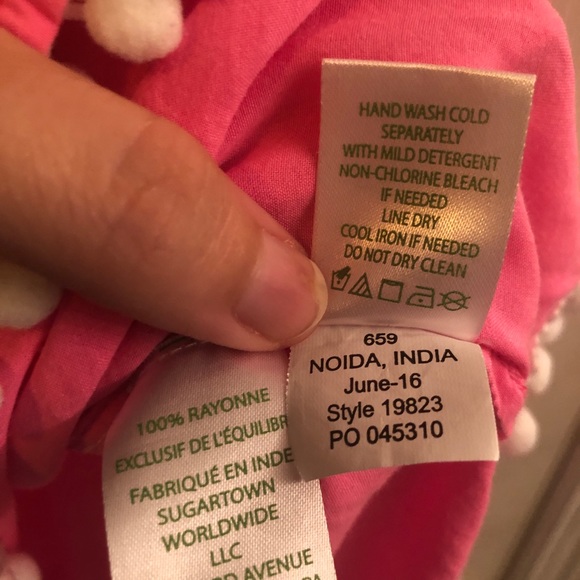 Lilly Pulitzer/XS/ Enna Off-Shoulder Top, Pink & white pom pom trim, 3/4 sleeves - Picture 6 of 6